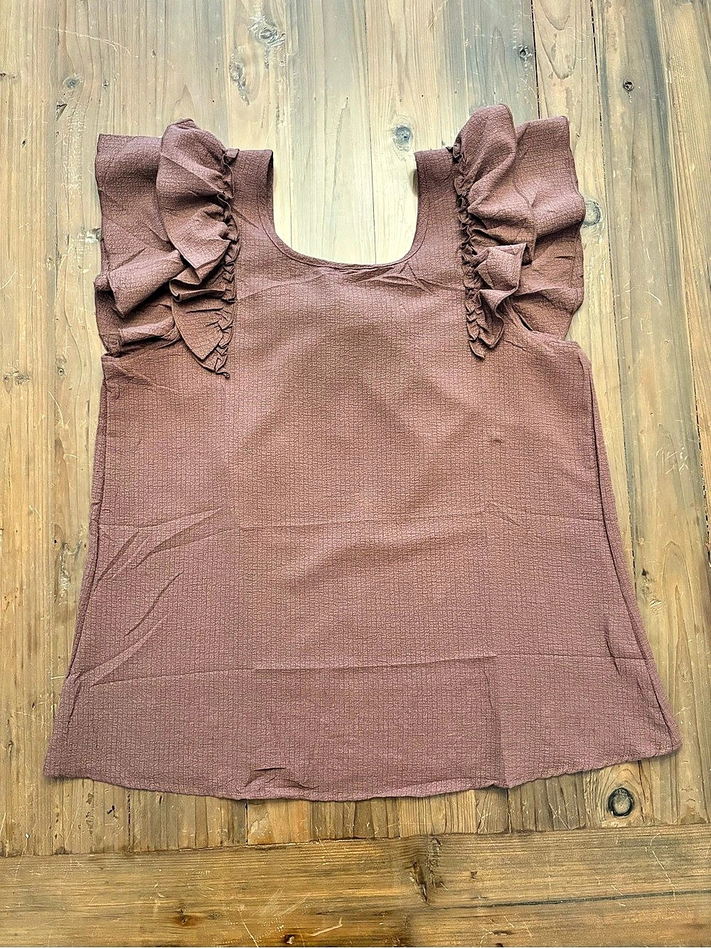 Falechay Brown Textured Ruffle Sleeve Square Neck Bow Back Blouse - Size L